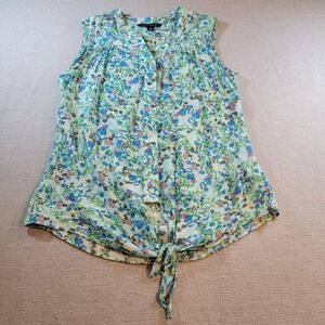 Zac & Rachel Floral Sleeveless Top Womens Small Green Excellent Tie Front Blouse